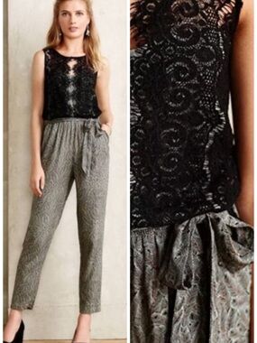 Anthropologie Elevenses Lace Medley Jumpsuit Size 4 EUC Dark Sophistication